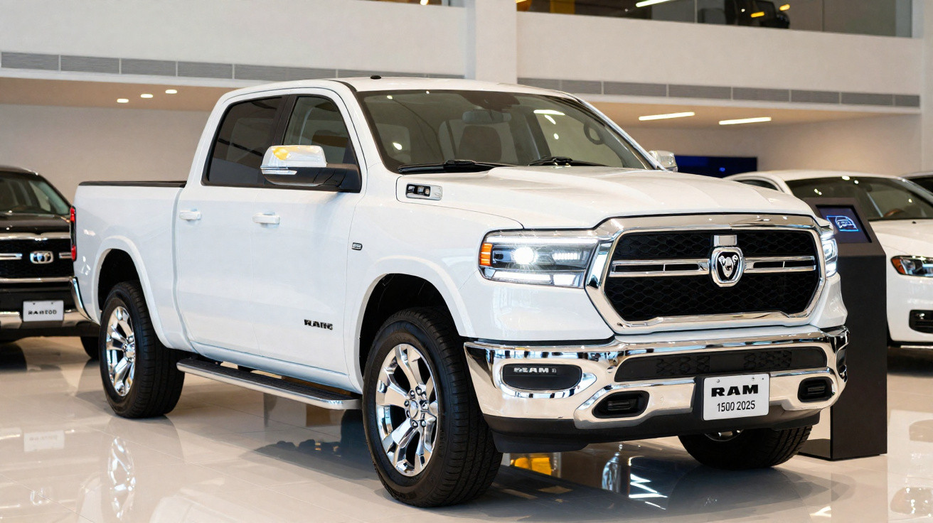 Picape branca RAM 1500 2025 em showroom com acabamento cromado e faróis ligados.