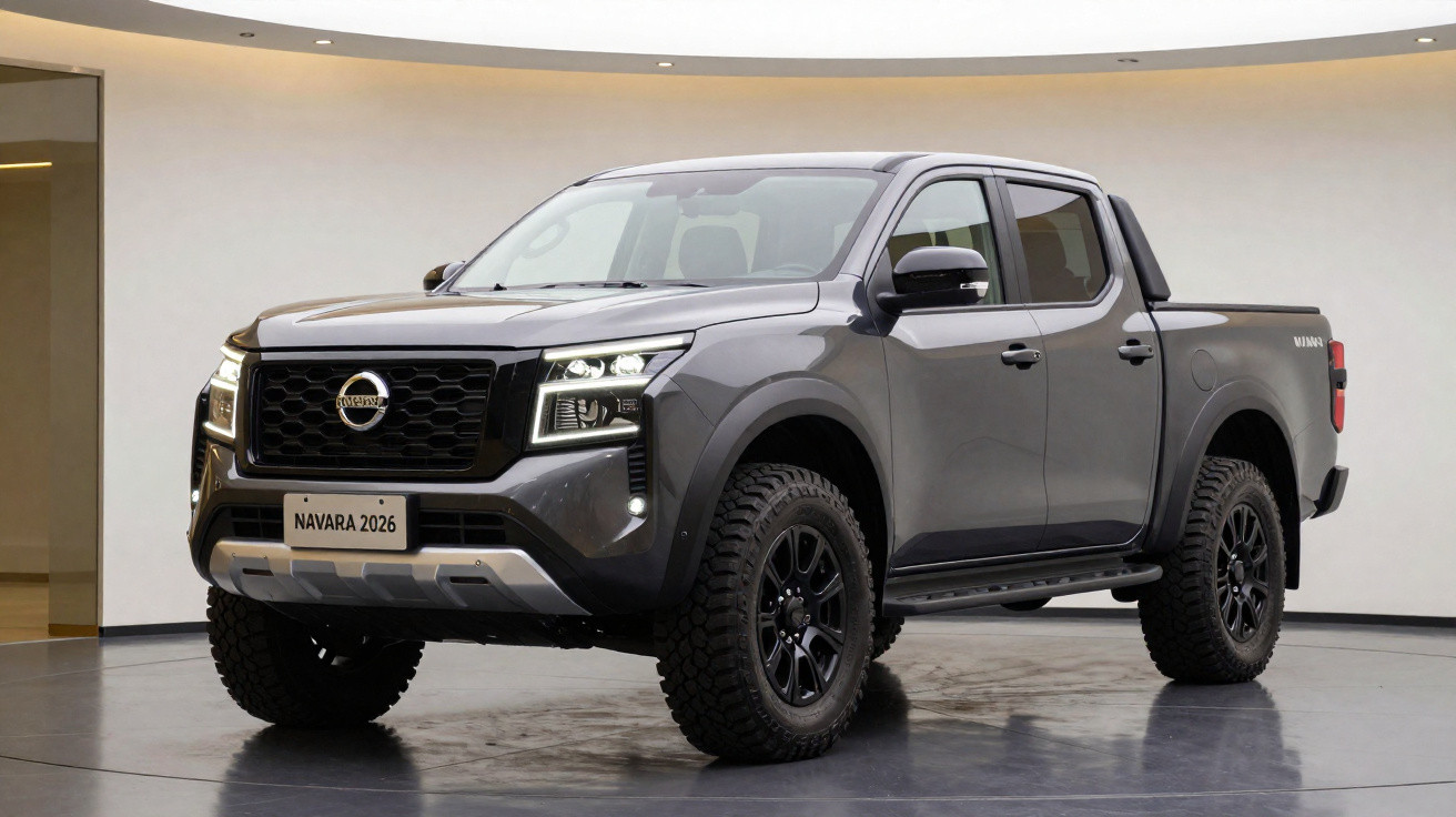Picape Nissan Navara 2026 cinza escuro, vista frontal direita em ambiente interno.
