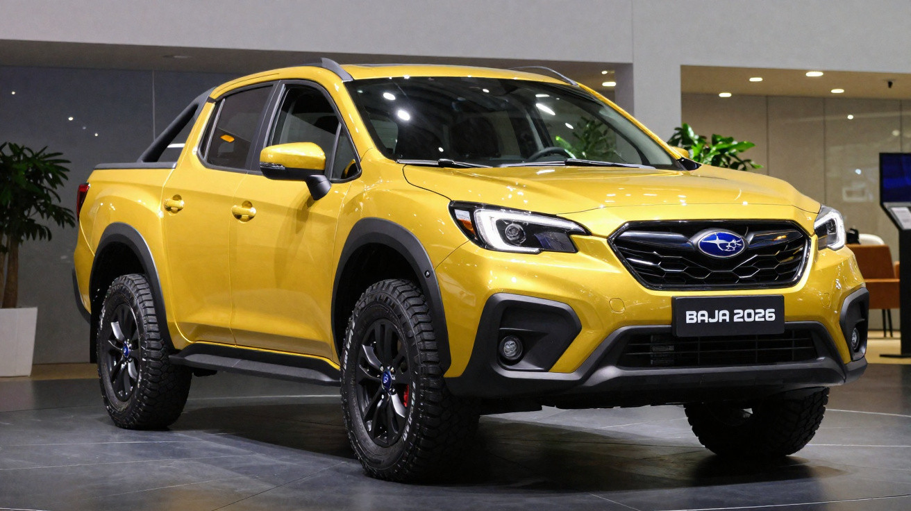 Picape Subaru Baja 2026 em amarelo exibida em salão automotivo com iluminação interna.
