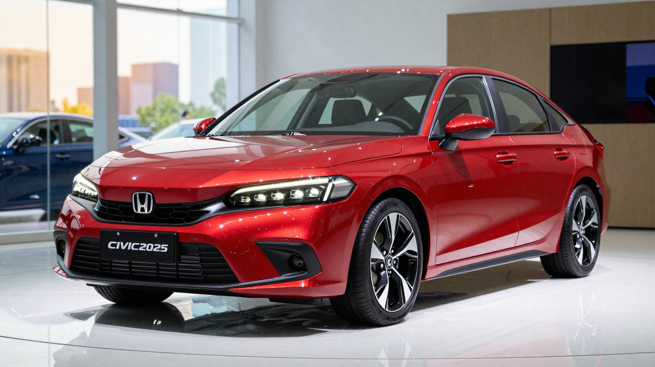 Carro Honda Civic 2025 vermelho exposto em showroom moderno com piso branco e luz natural.