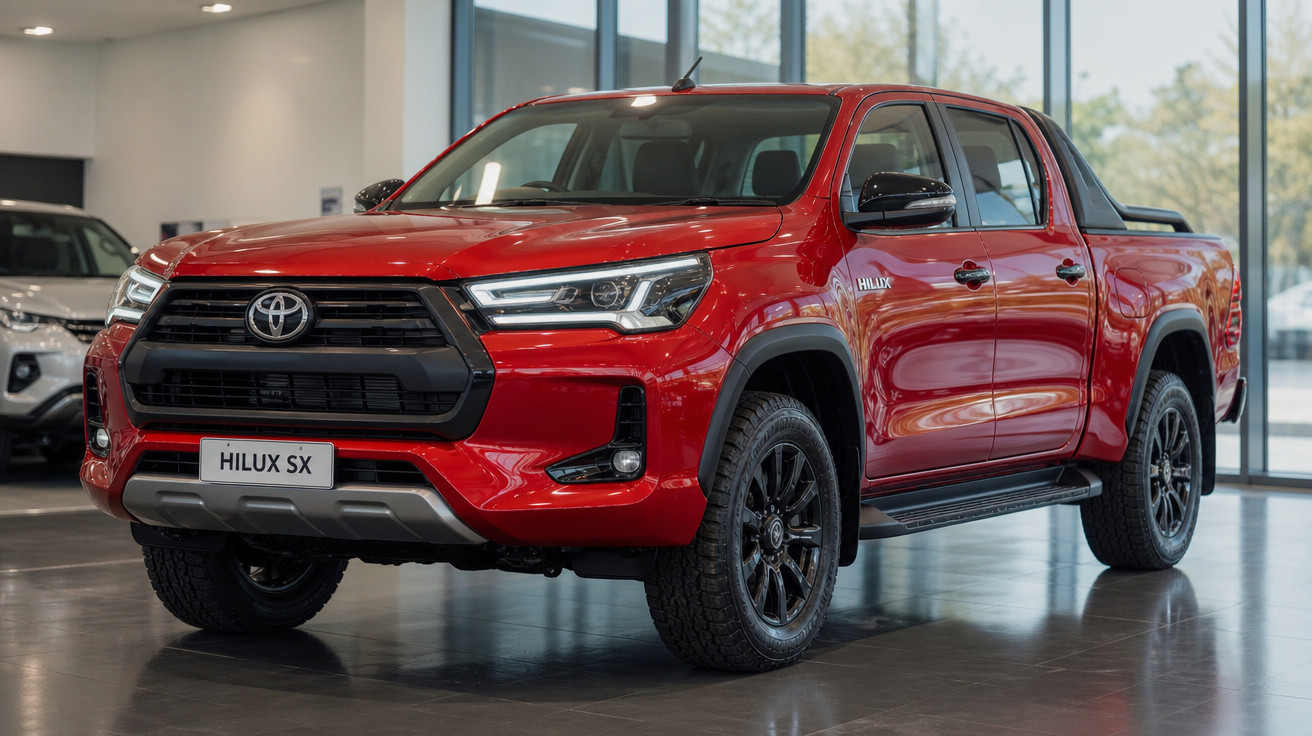 Picape Toyota Hilux SX vermelha exibida em ambiente interno de showroom.