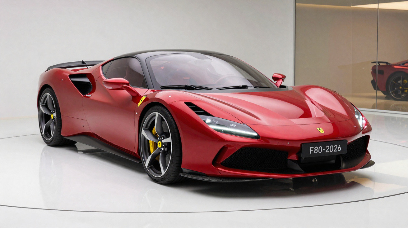 Carro esportivo Ferrari vermelho com teto preto exibido em salão com piso branco e espelho na parede.