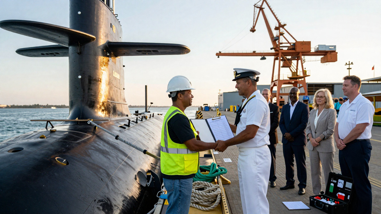 Homem de capacete entrega documento a oficial naval próximo a submarino atracado em porto industrial.