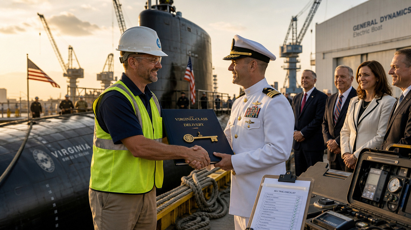 Militar da Marinha e trabalhador com colete e capacete apertam as mãos em entrega de submarino Virginia-Class.