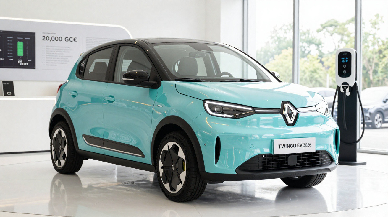 Carro elétrico Renault Twingo EV 2026 azul claro em exibição interna próximo a estação de recarga.