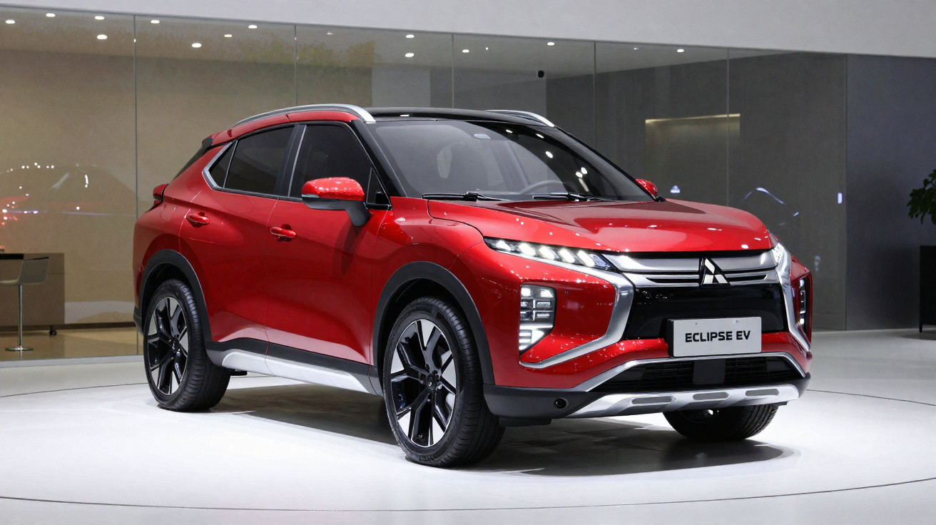 Carro SUV elétrico vermelho Mitsubishi Eclipse EV exibido em superfície branca dentro de showroom moderno.