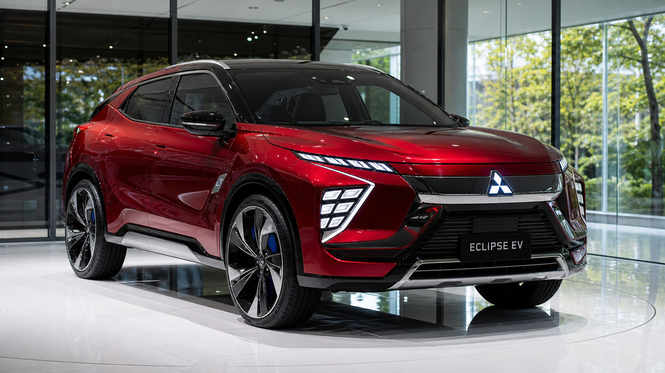 SUV elétrico Mitsubishi Eclipse EV vermelho em showroom moderno com chão branco e vidro ao fundo.