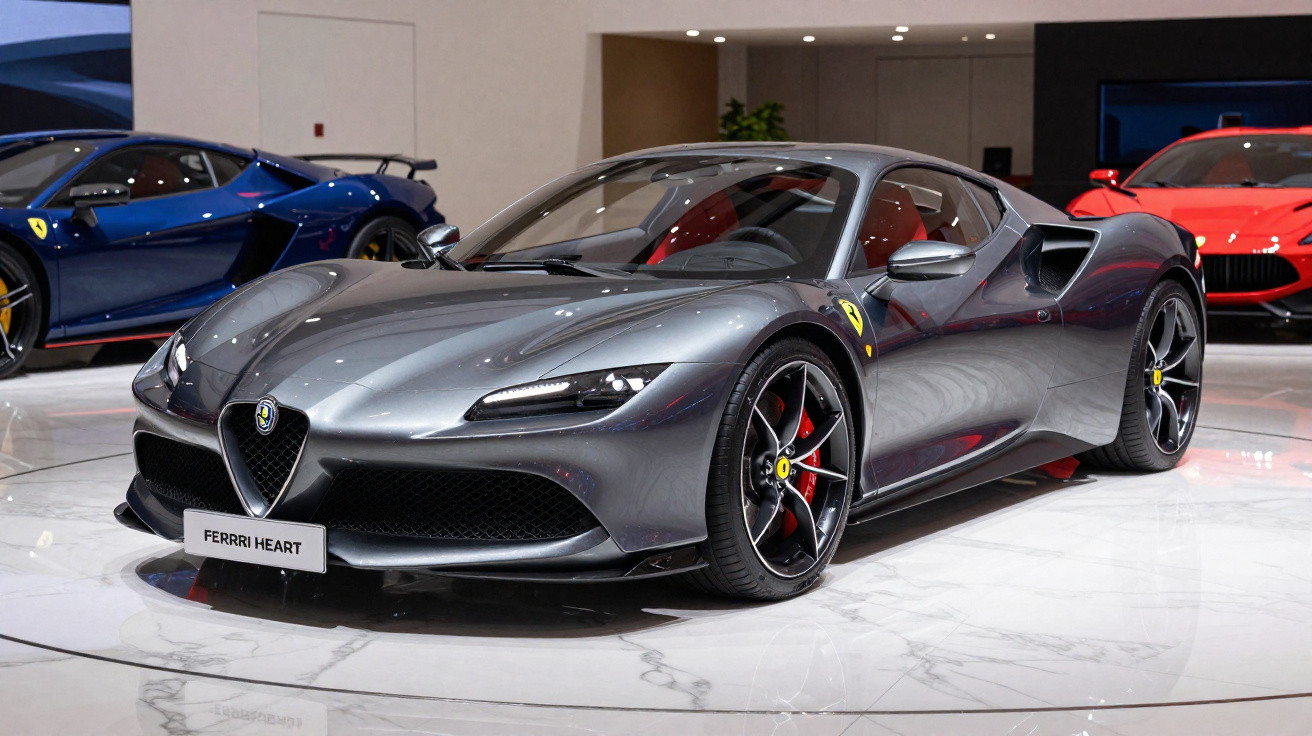 Carro esportivo cinza Alfa Romeo Ferrari Heart exposto em showroom com outros carros ao fundo.