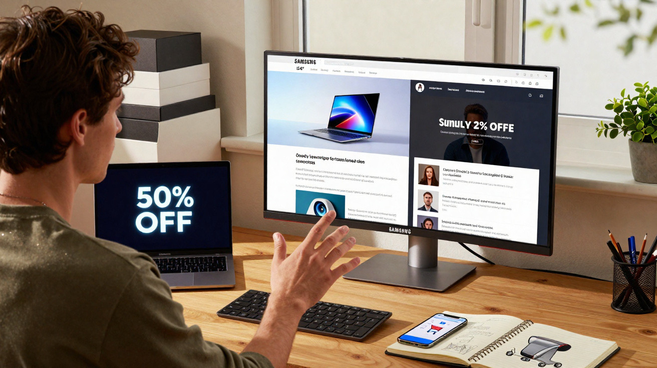 Pessoa usando computador com tela grande e notebook mostrando promoção de 50% de desconto.
