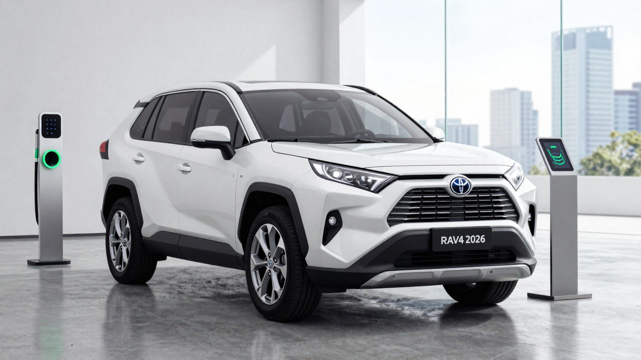 Carro Toyota RAV4 2026 branco estacionado perto de carregador elétrico em ambiente urbano moderno.
