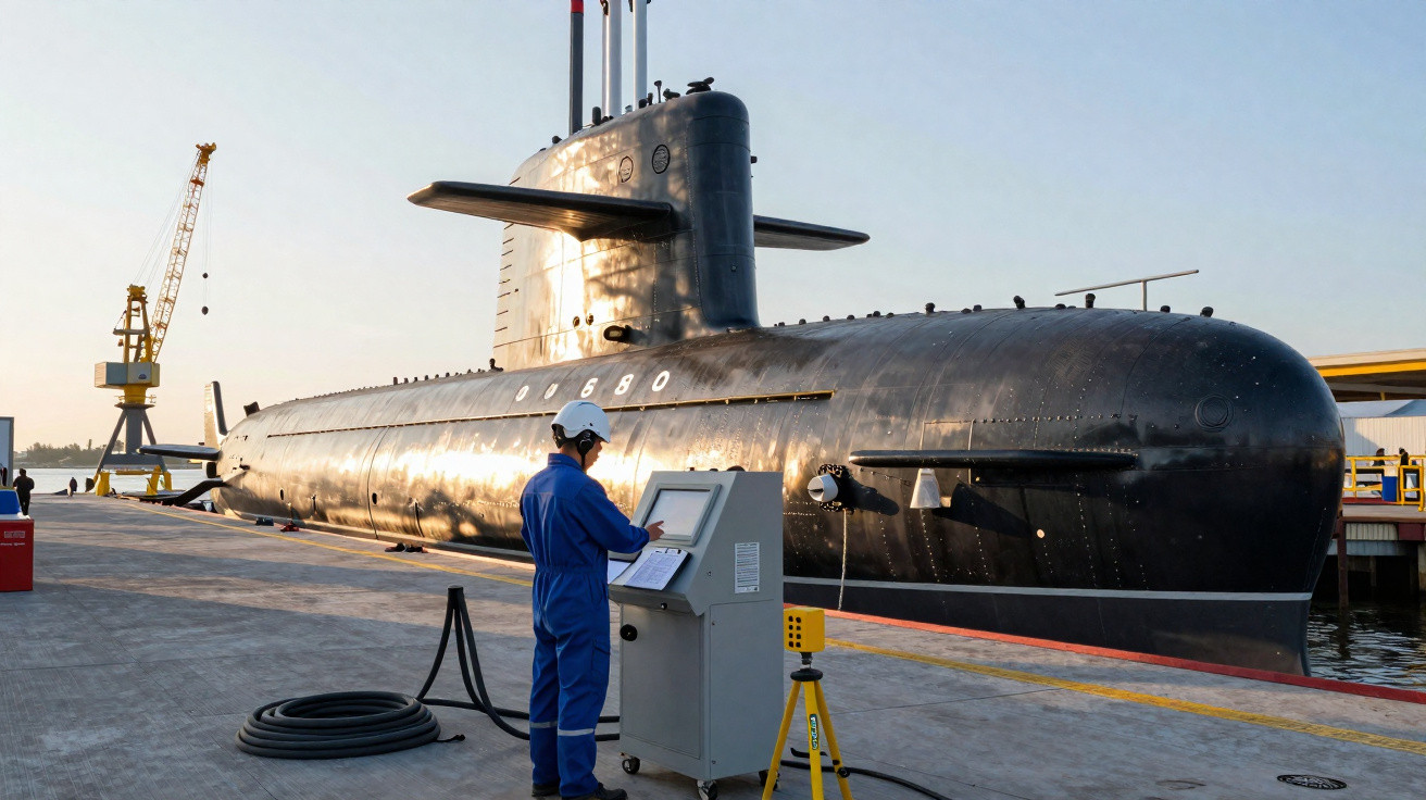 Homem em uniforme azul operando painel ao lado de submarino preto atracado em porto industrial.