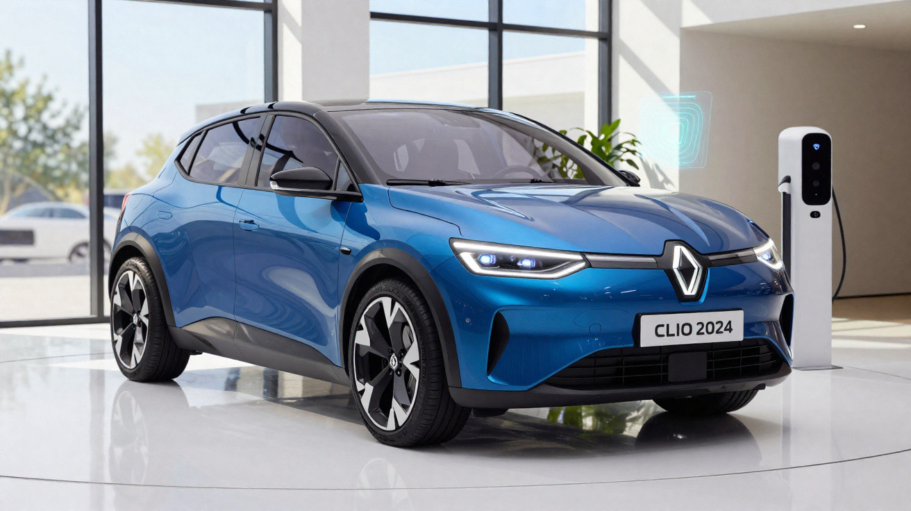 Carro elétrico Renault Clio 2024 azul em espaço moderno conectado a carregador elétrico.