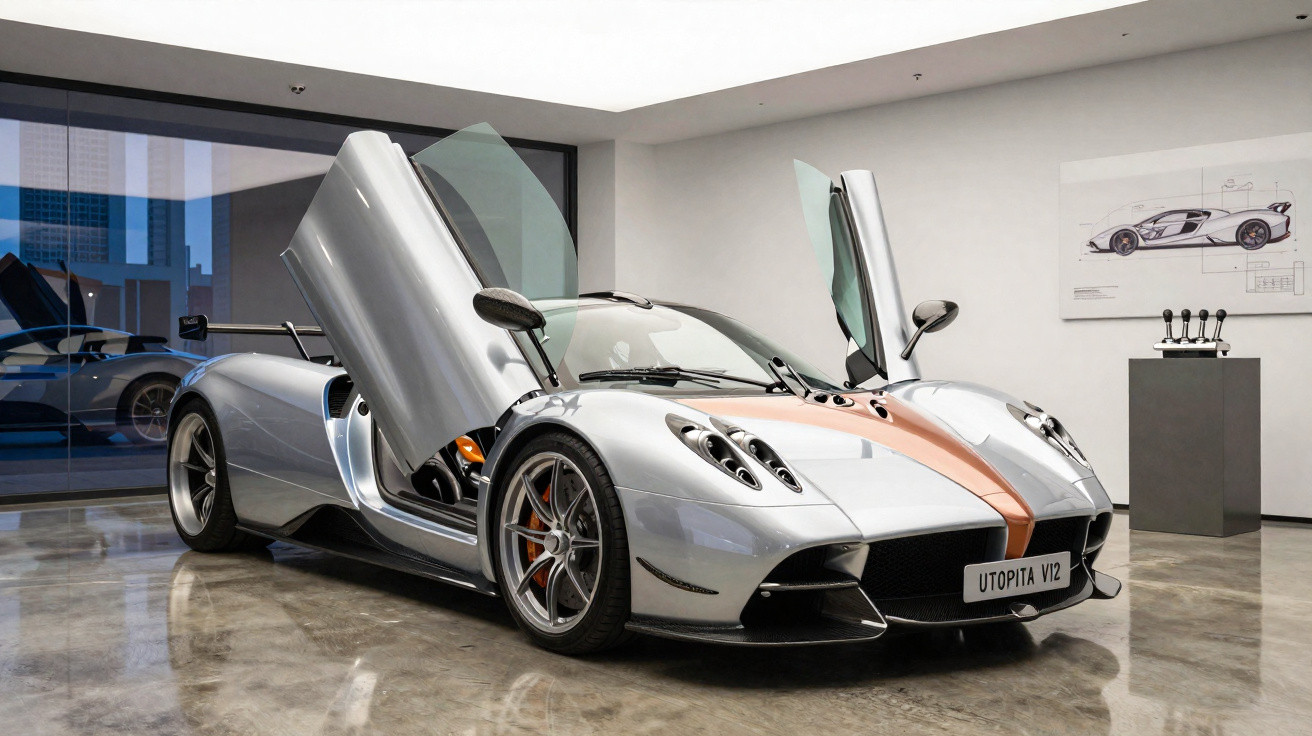 Carro esportivo prata com detalhes laranja e portas abertas tipo tesoura em showroom moderno.