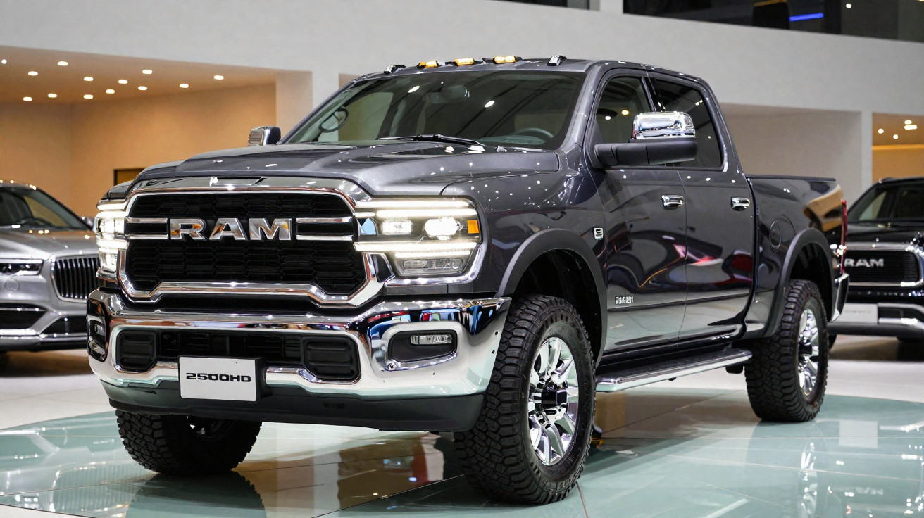 Picape RAM 2500 HD cinza metálica exposta em showroom com iluminação interna.