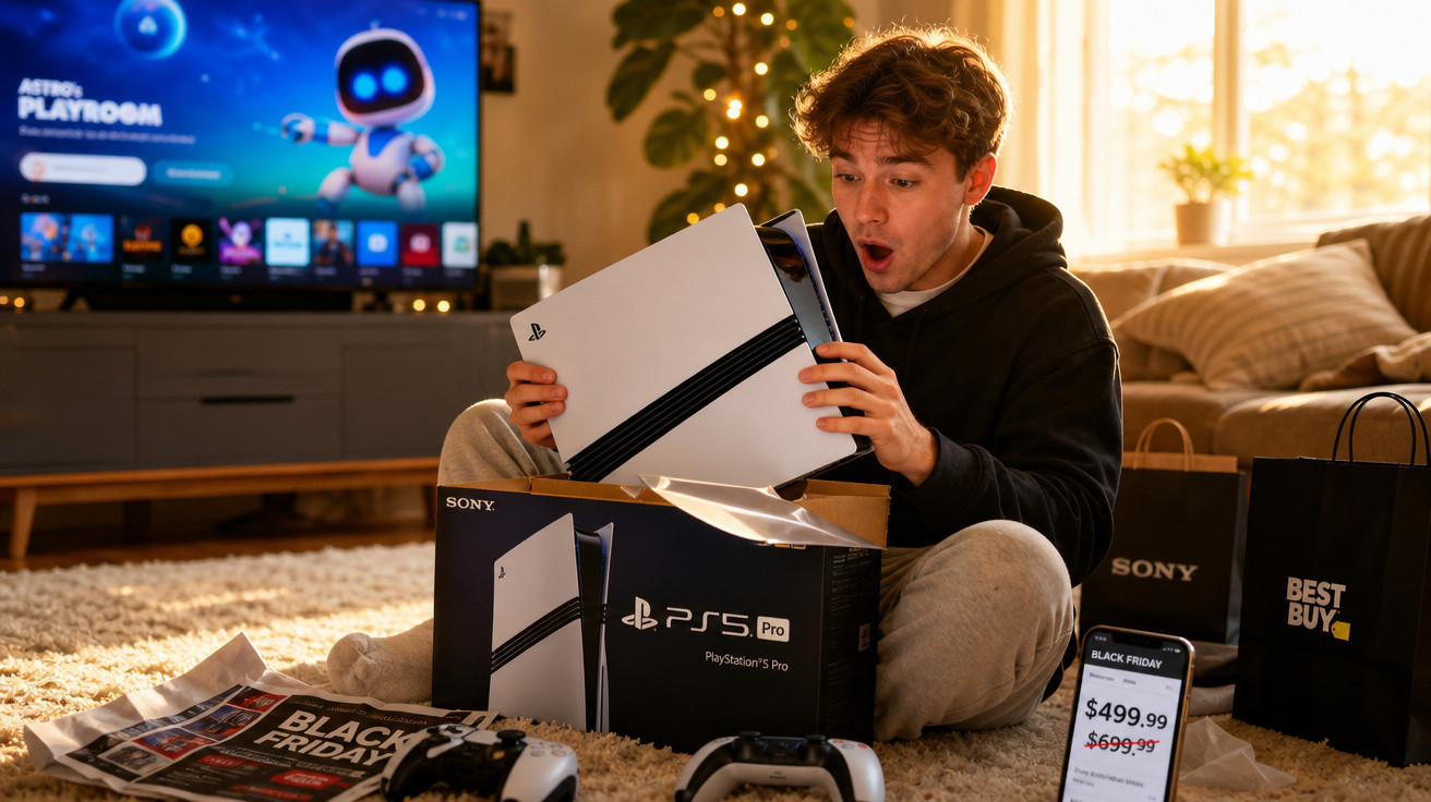 Jovem surpreso segurando console PlayStation 5 Pro recém descompactado em sala iluminada ao entardecer.