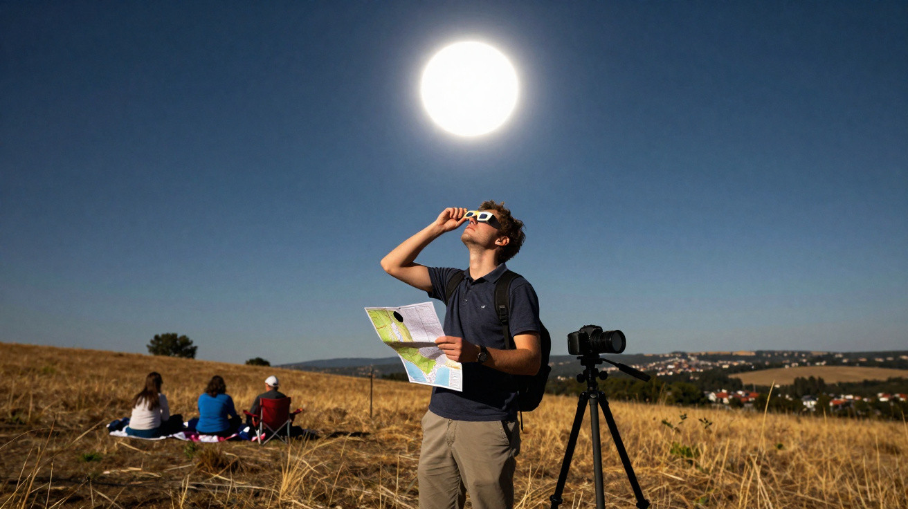 Homem com óculos escuros segurando mapa e olhando para o sol em campo seco com pessoas e câmera ao fundo.