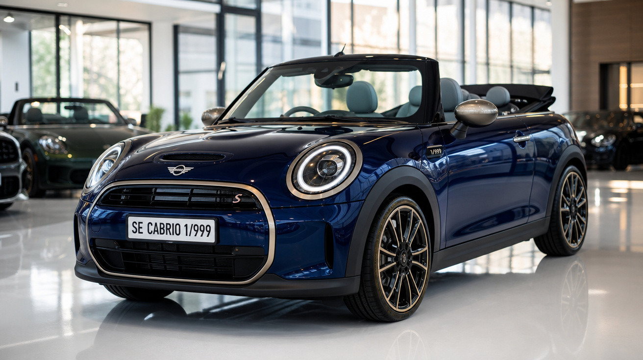 Carro conversível azul modelo Mini Cabrio S exposto em showroom com teto aberto.