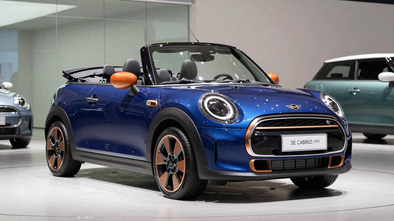 Carro conversível Mini Cooper azul com detalhes em cobre exibido em salão automotivo.