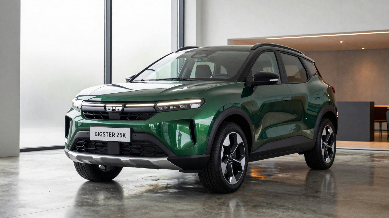 Carro SUV verde Bigster 25K estacionado em ambiente interno moderno com piso de concreto polido.