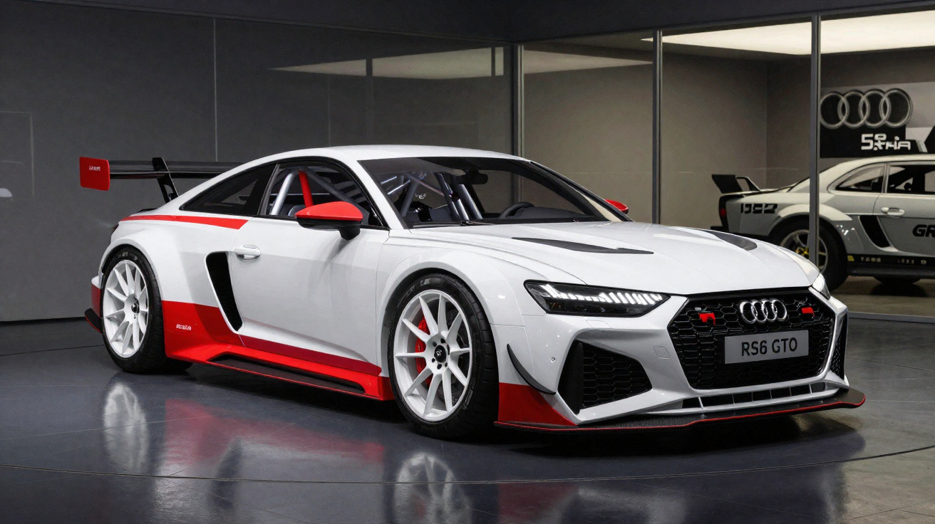 Carro esportivo Audi RS6 GTO branco com detalhes vermelhos em exposição interna.