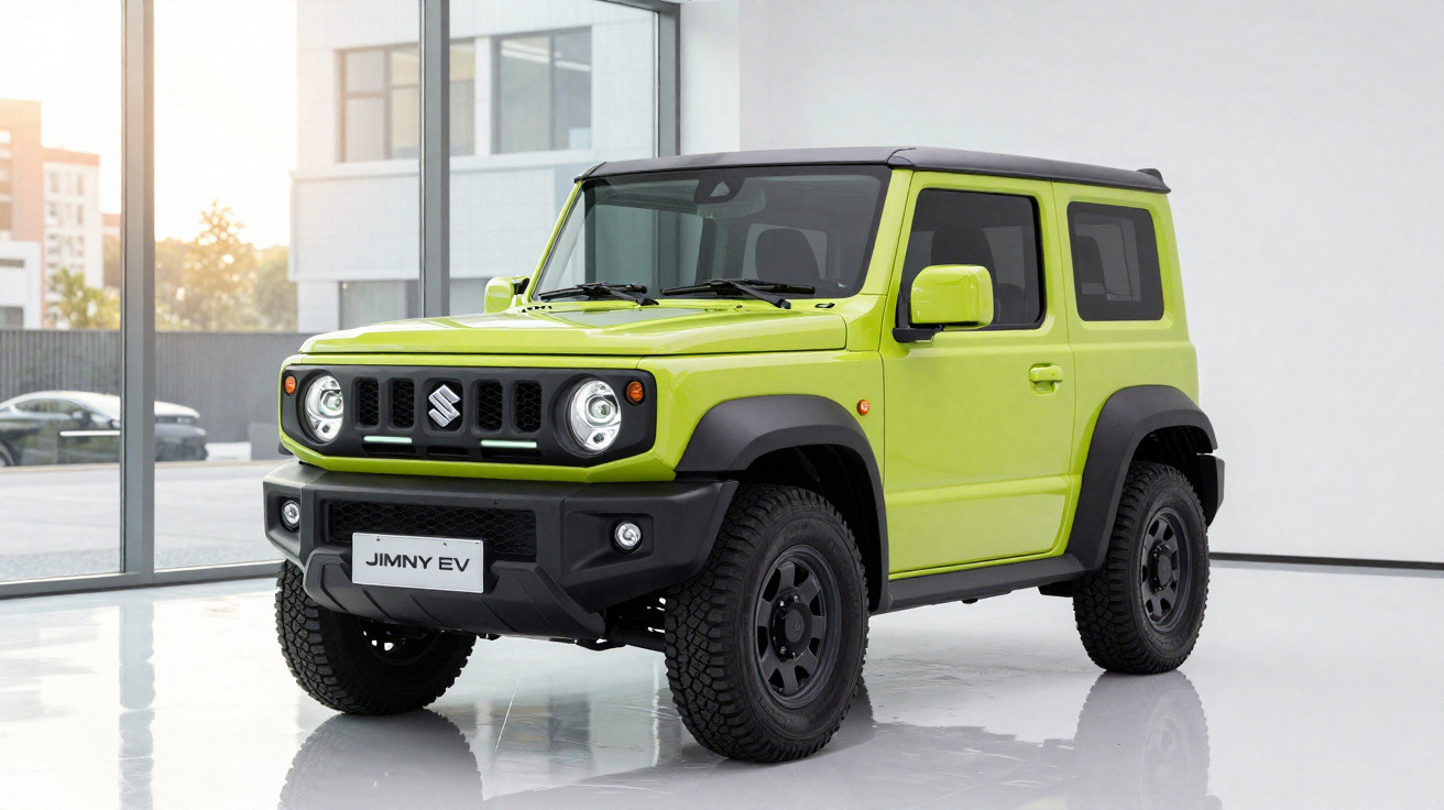 Carro SUV Suzuki Jimny EV verde, três portas, exibido em salão moderno com vidro e piso branco.