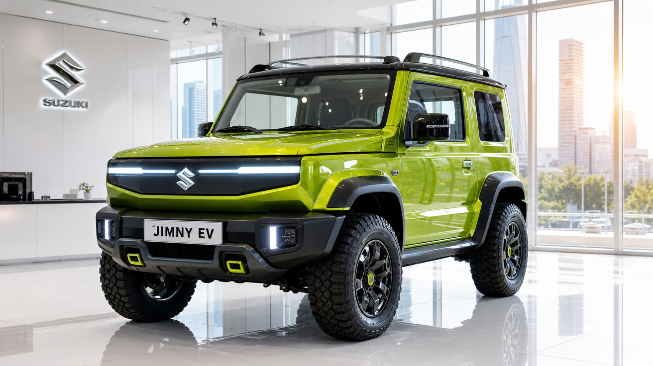 SUV elétrico Suzuki Jimny EV verde exibido em showroom moderno com vista urbana ao fundo.