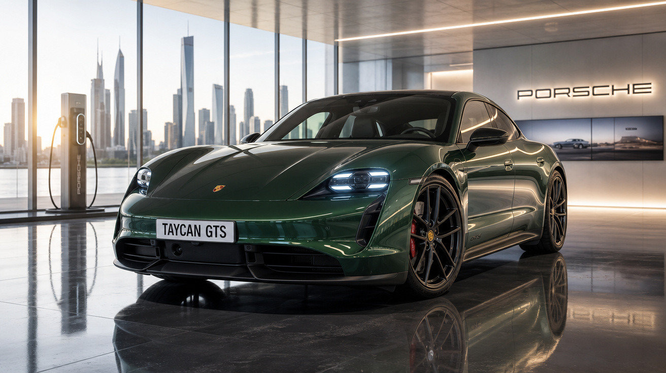 Carro esportivo Porsche Taycan GTS verde em showroom moderno com vista para arranha-céus ao fundo.