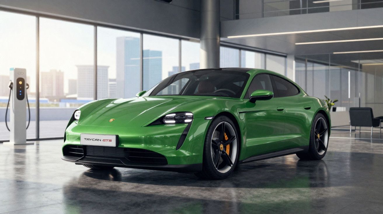 Carro esportivo elétrico verde Porsche Taycan GTS estacionado em ambiente interno moderno com estação de carregamento.
