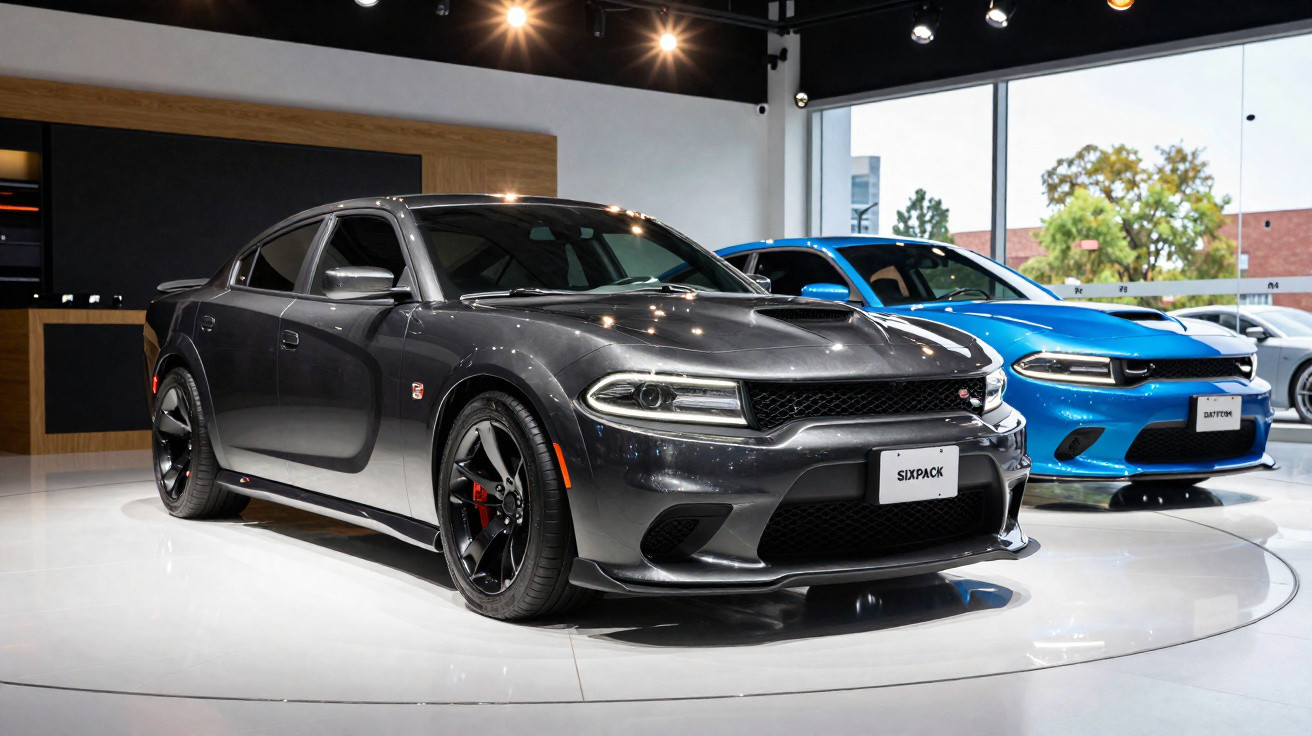 Dois carros esportivos Dodge Charger exibidos em showroom, um cinza e outro azul.