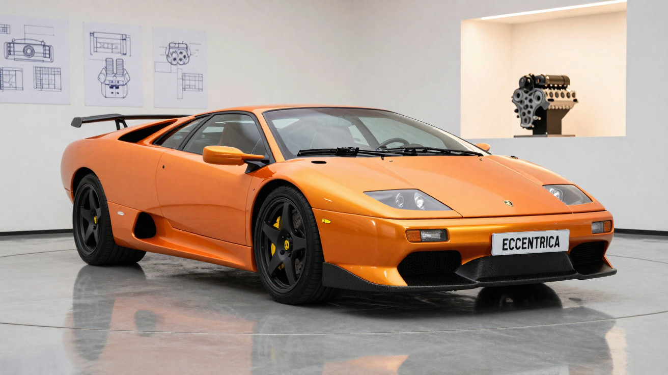 Carro esportivo Lamborghini Diablo laranja exposto em ambiente moderno com desenhos técnicos na parede ao fundo.