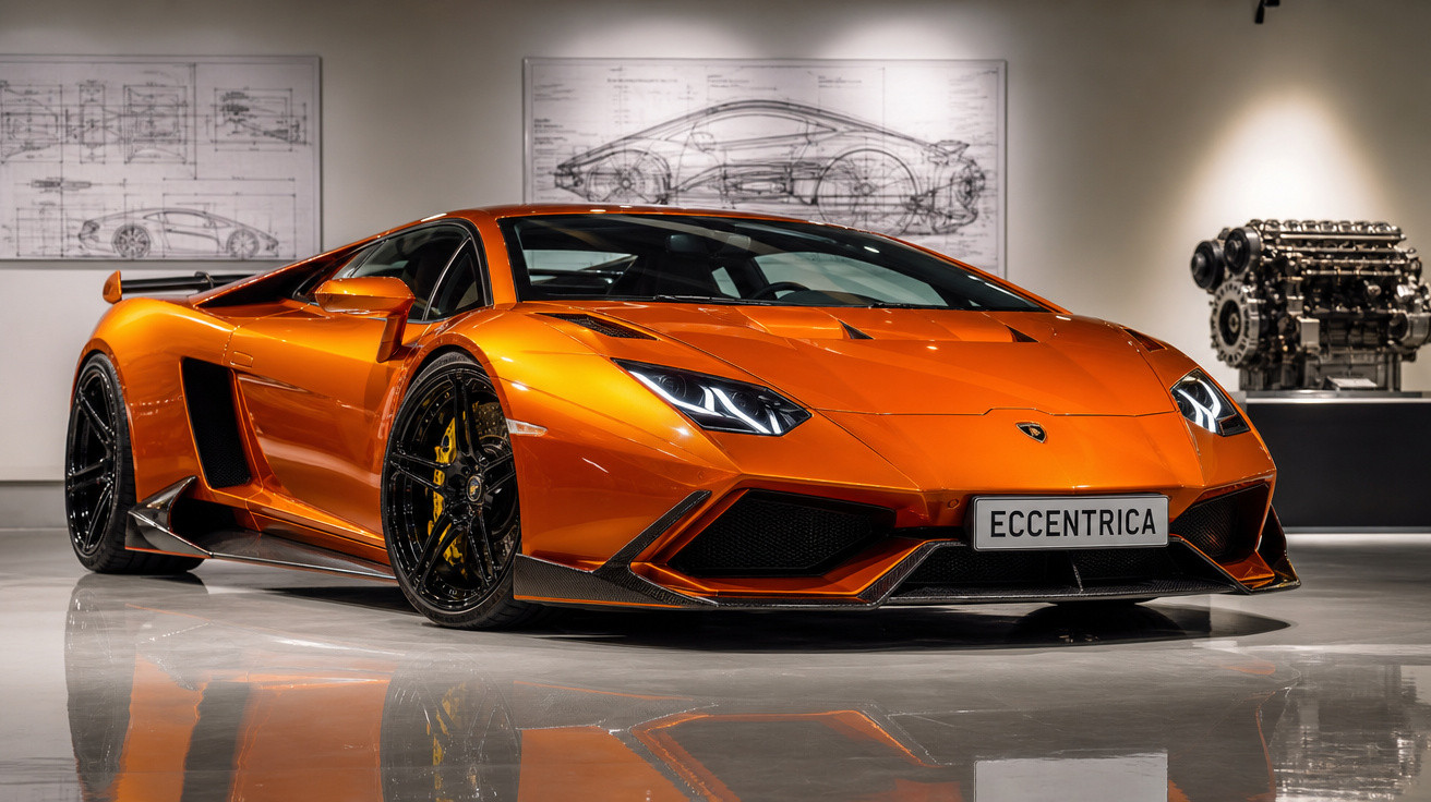 Carro esportivo laranja com design aerodinâmico exposto em galeria com desenhos técnicos ao fundo.
