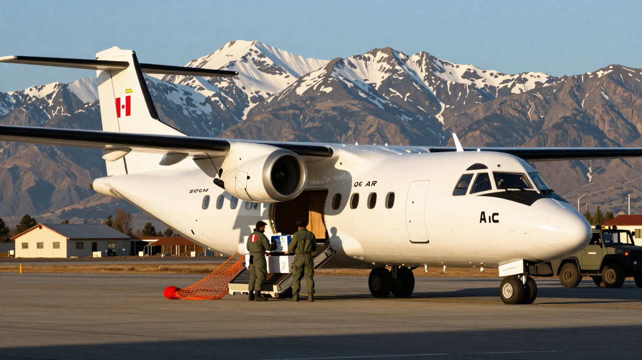 Avião branco de transporte com dois militares descarregando caixas na pista com montanhas ao fundo.