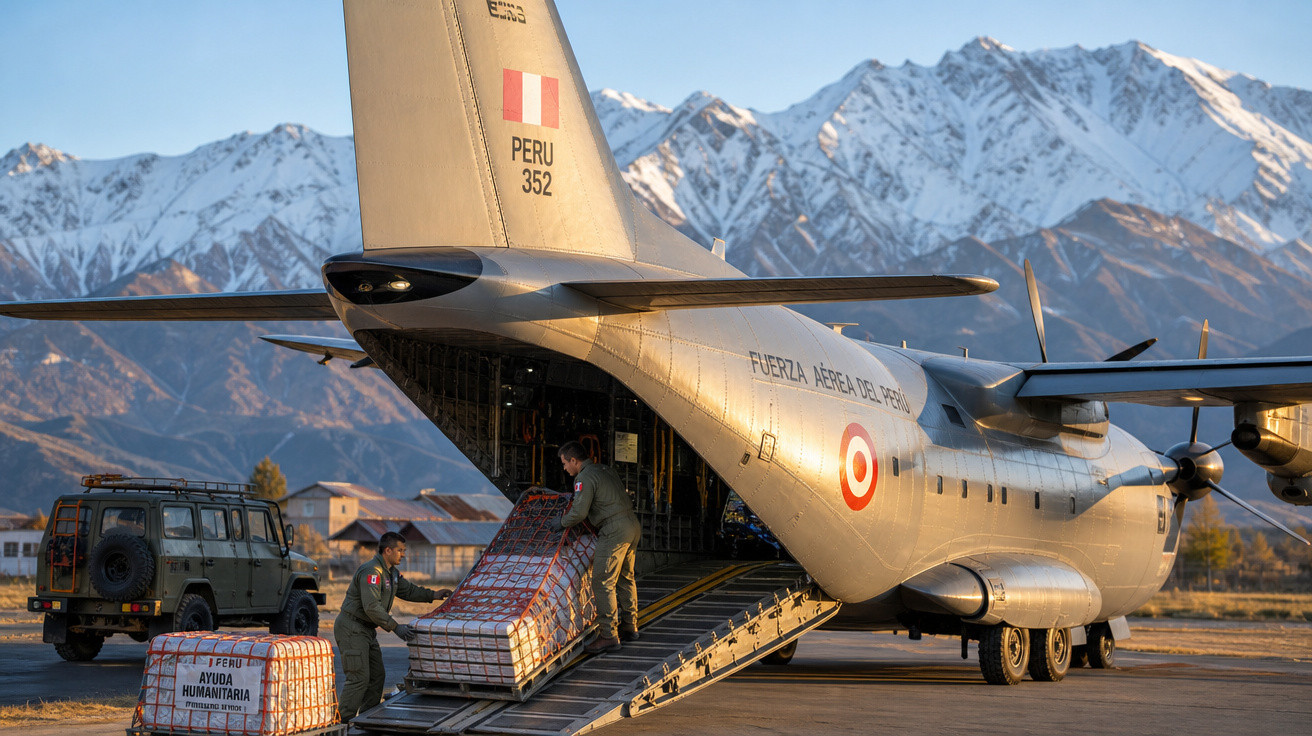 Militares peruanos carregam suprimentos humanitários em avião militar com montanhas ao fundo.