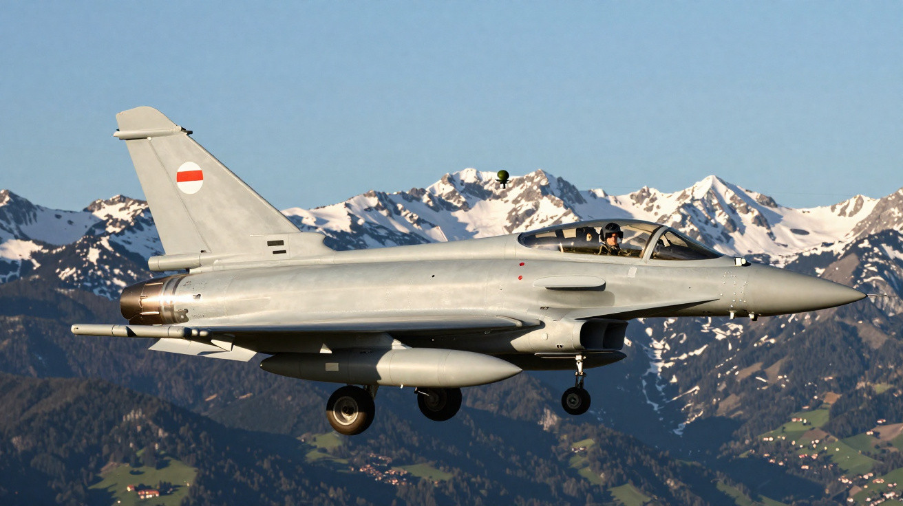 Caça militar europeu cinza voando com montanhas nevadas ao fundo em dia claro.