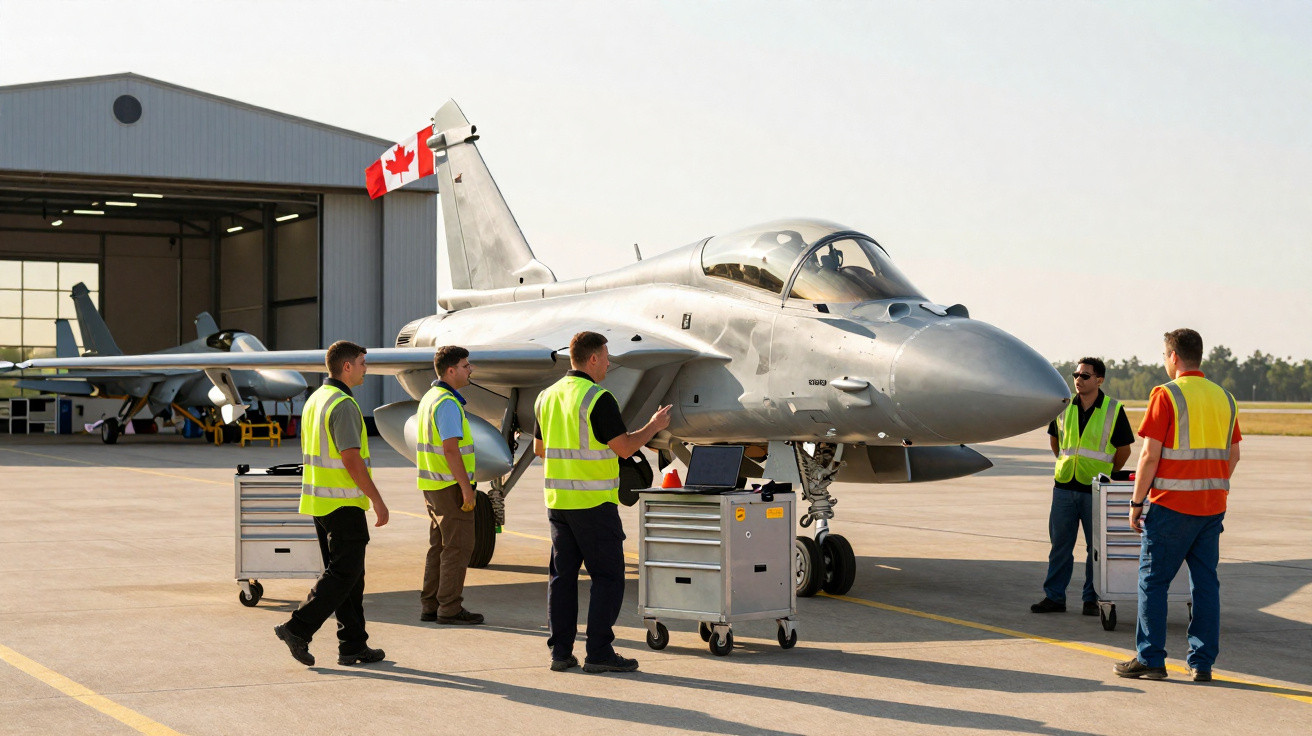 Equipe de manutenção inspecionando caça militar cinza estacionado em pista próximo a hangar.