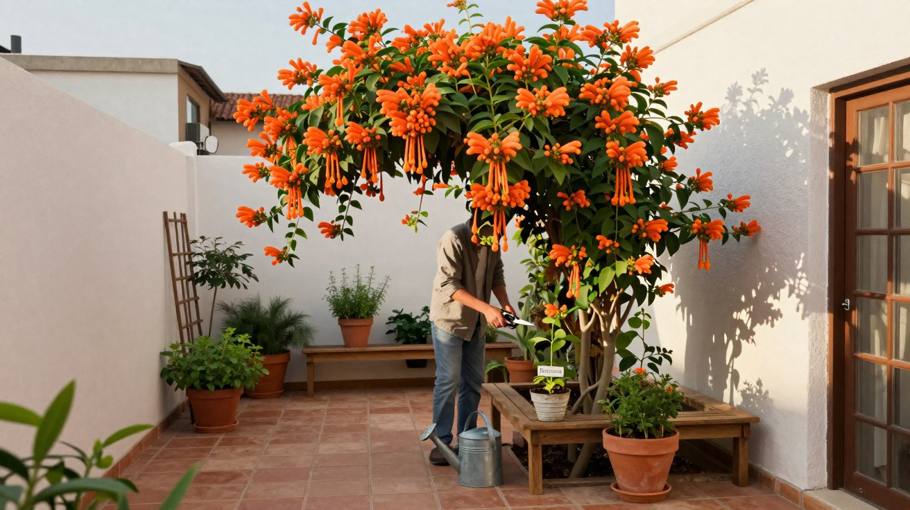 Pessoa regando planta sob árvore florida com flores laranja em pátio com vasos e bancos de madeira.