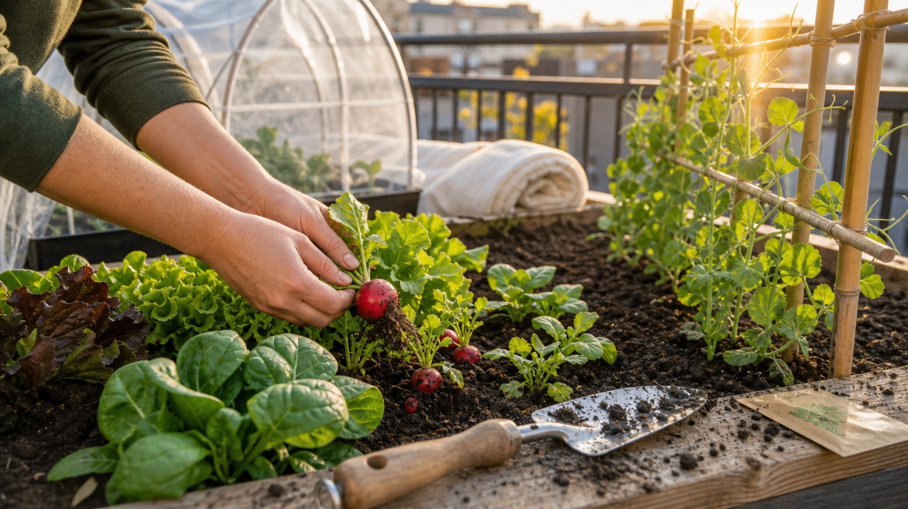 Mãos colhendo rabanetes em horta urbana com diversas verduras ao entardecer.
