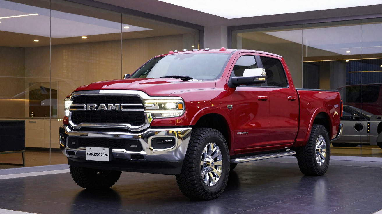 Picape RAM vermelha estacionada em showroom com iluminação moderna e paredes de vidro reflexivas.