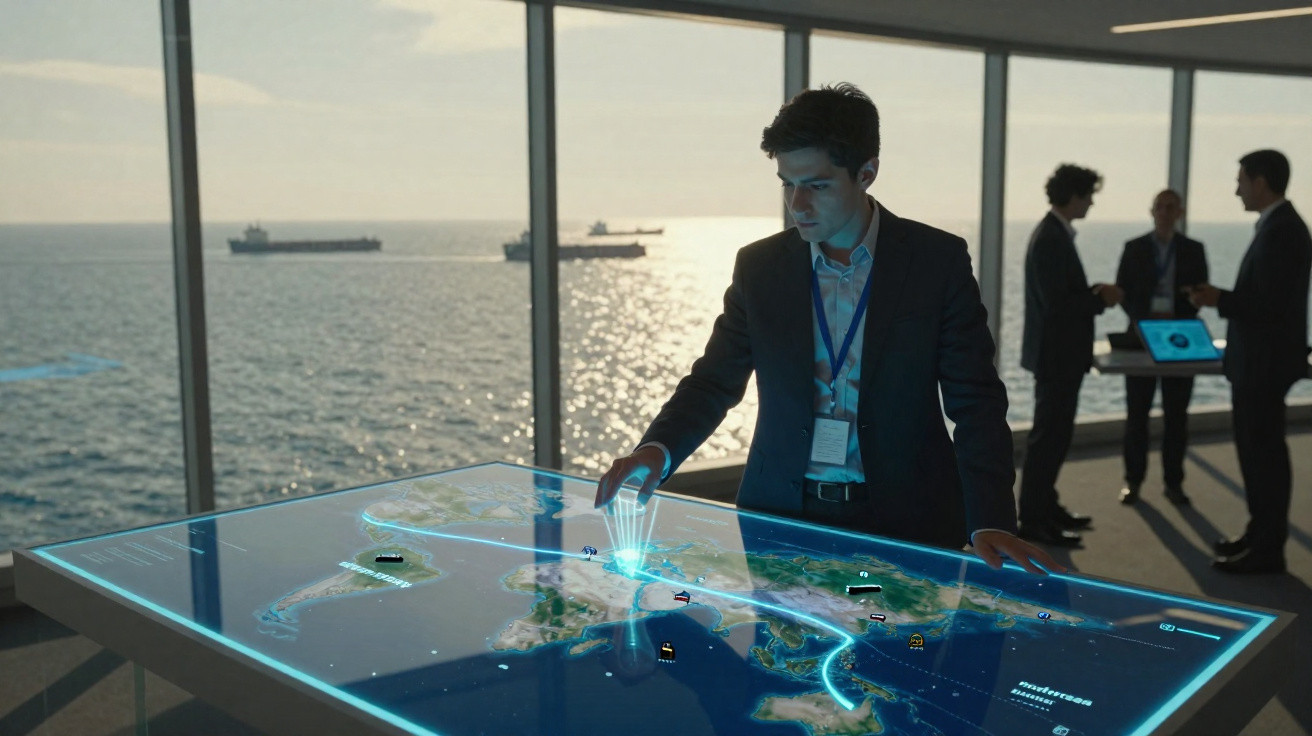 Homem em terno interage com mapa digital holográfico em sala com vista para o mar e navios ao fundo.