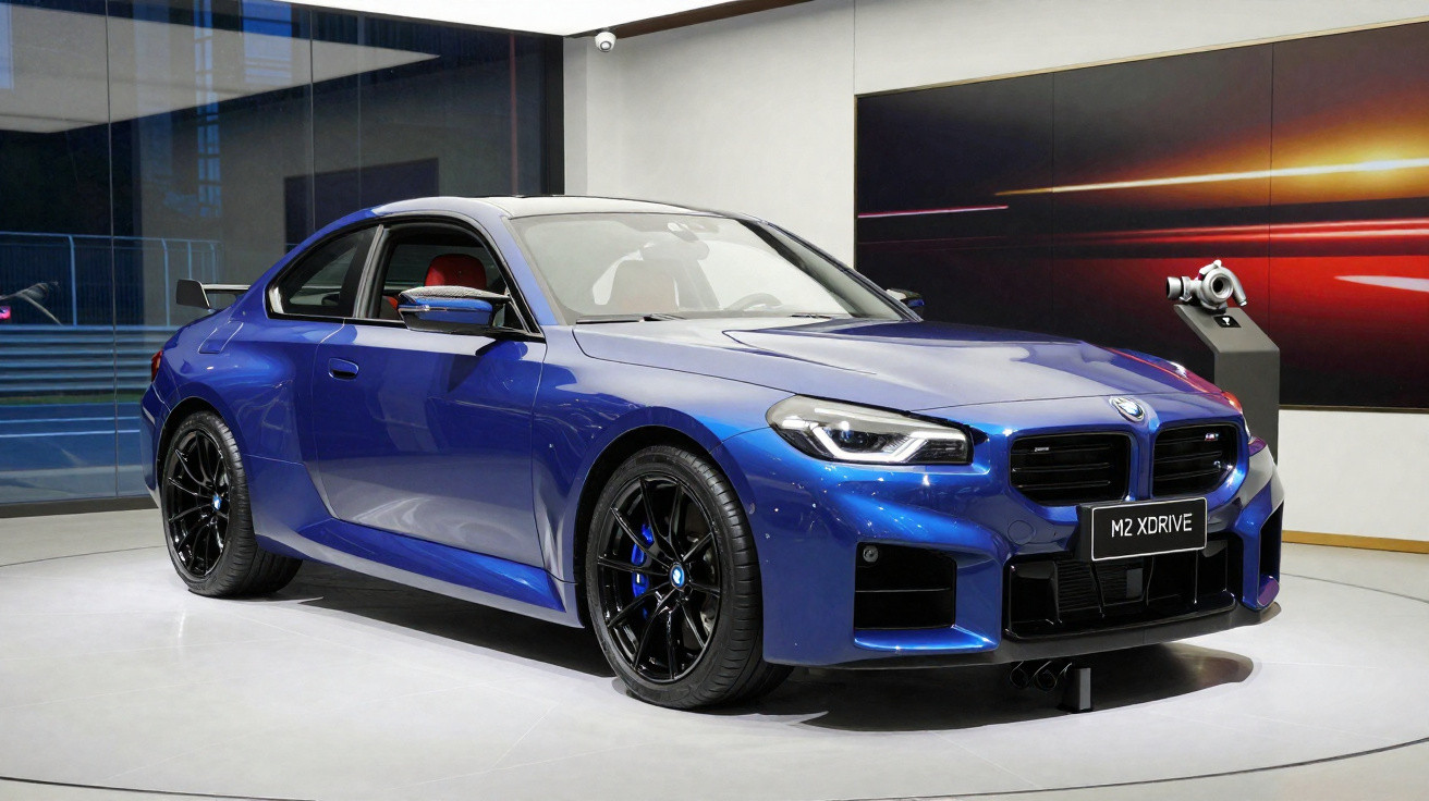 BMW M2 xDrive azul exibido em showroom com rodas pretas e interior vermelho.