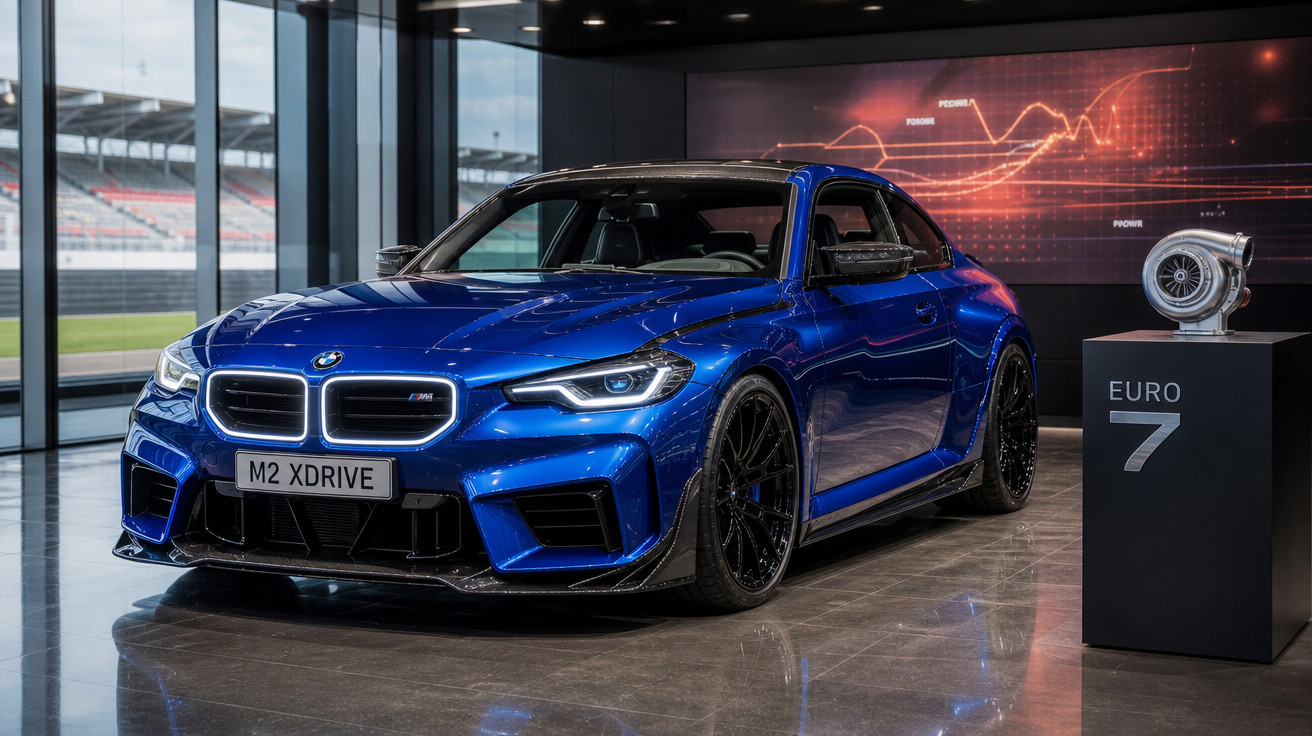 Carro esportivo azul BMW M2 XDrive estacionado em showroom com turbo exposto ao lado.
