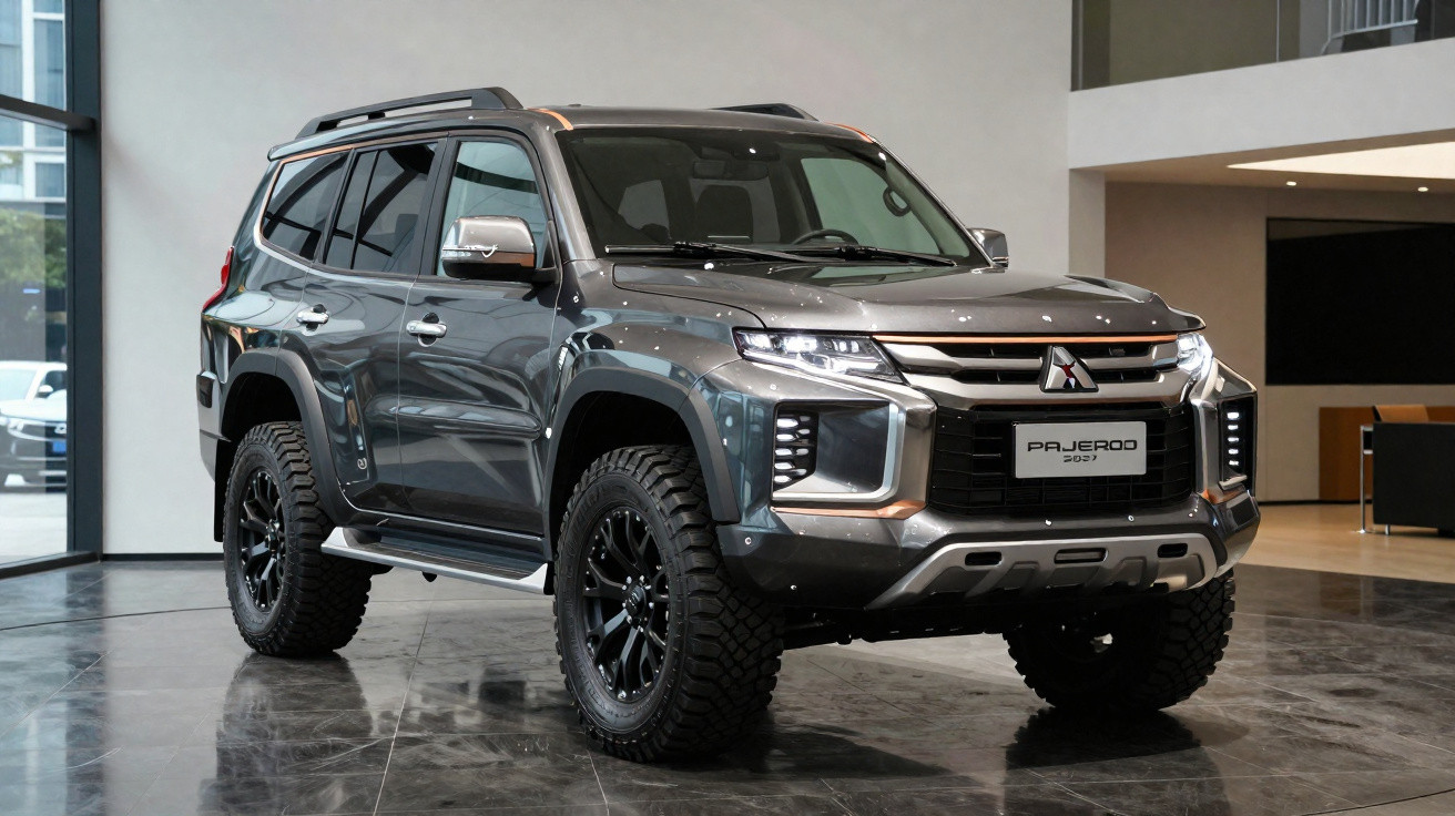 SUV Mitsubishi Pajero 2023 cinza estacionado em ambiente interno com iluminação natural.