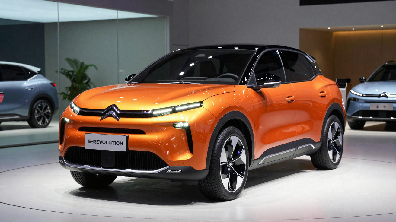 Carro elétrico Citroën E-Revolution laranja exibido em salão de automóveis moderno.