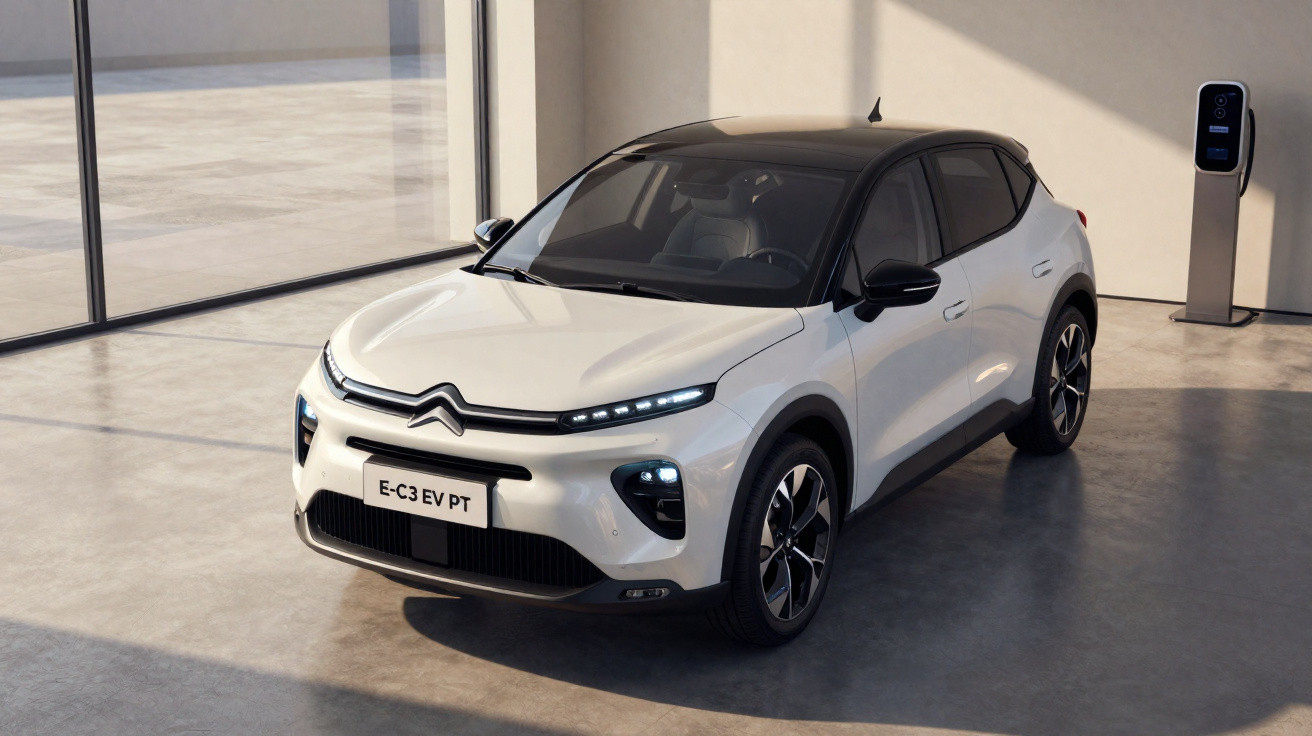 Carro elétrico Citroën E-C3 branco estacionado ao lado de carregador em ambiente interno moderno.