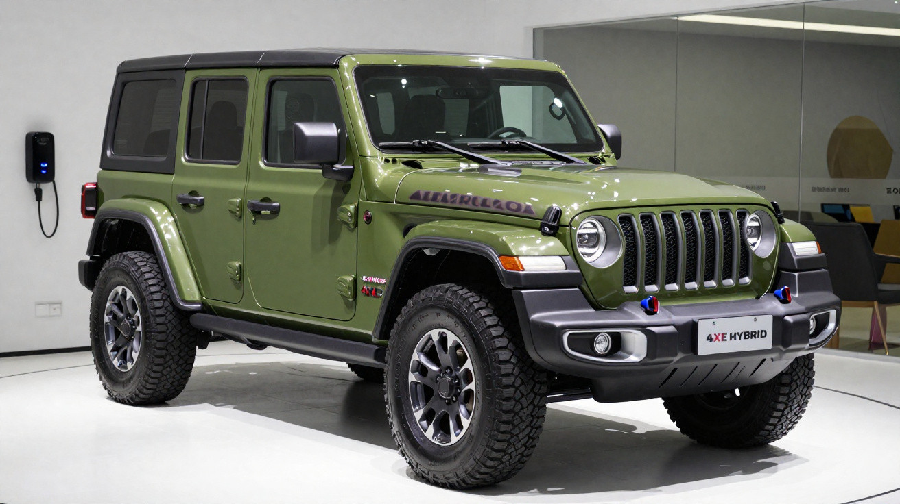 Jeep Renegade verde exército 4XE Hybrid estacionado em ambiente interno branco.
