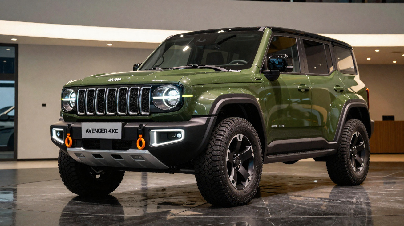 Carro verde Avenger 4XE com faróis de LED e pneus off-road exibido em salão de automóveis.