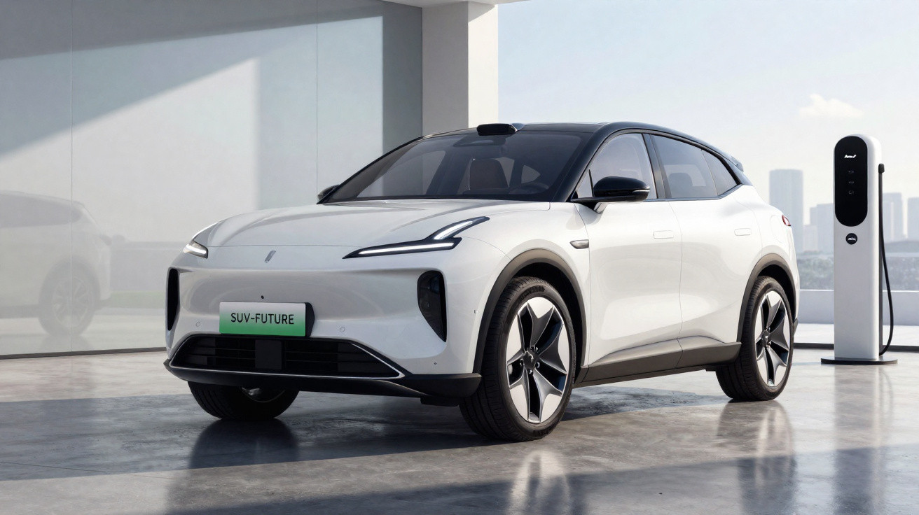Carro elétrico SUV branco moderno estacionado ao lado de estação de carregamento em garagem iluminada.