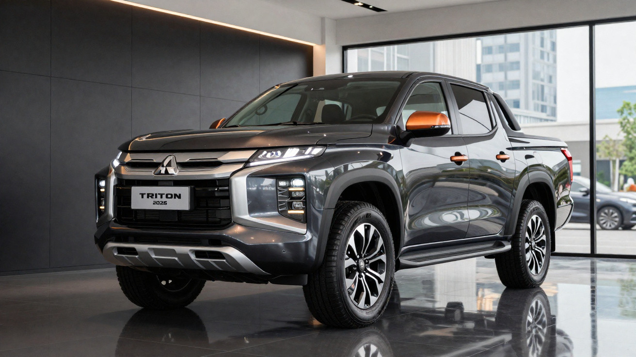 Picape Mitsubishi Triton 2025 cinza com detalhes laranja, exibida em showroom moderno e iluminado.