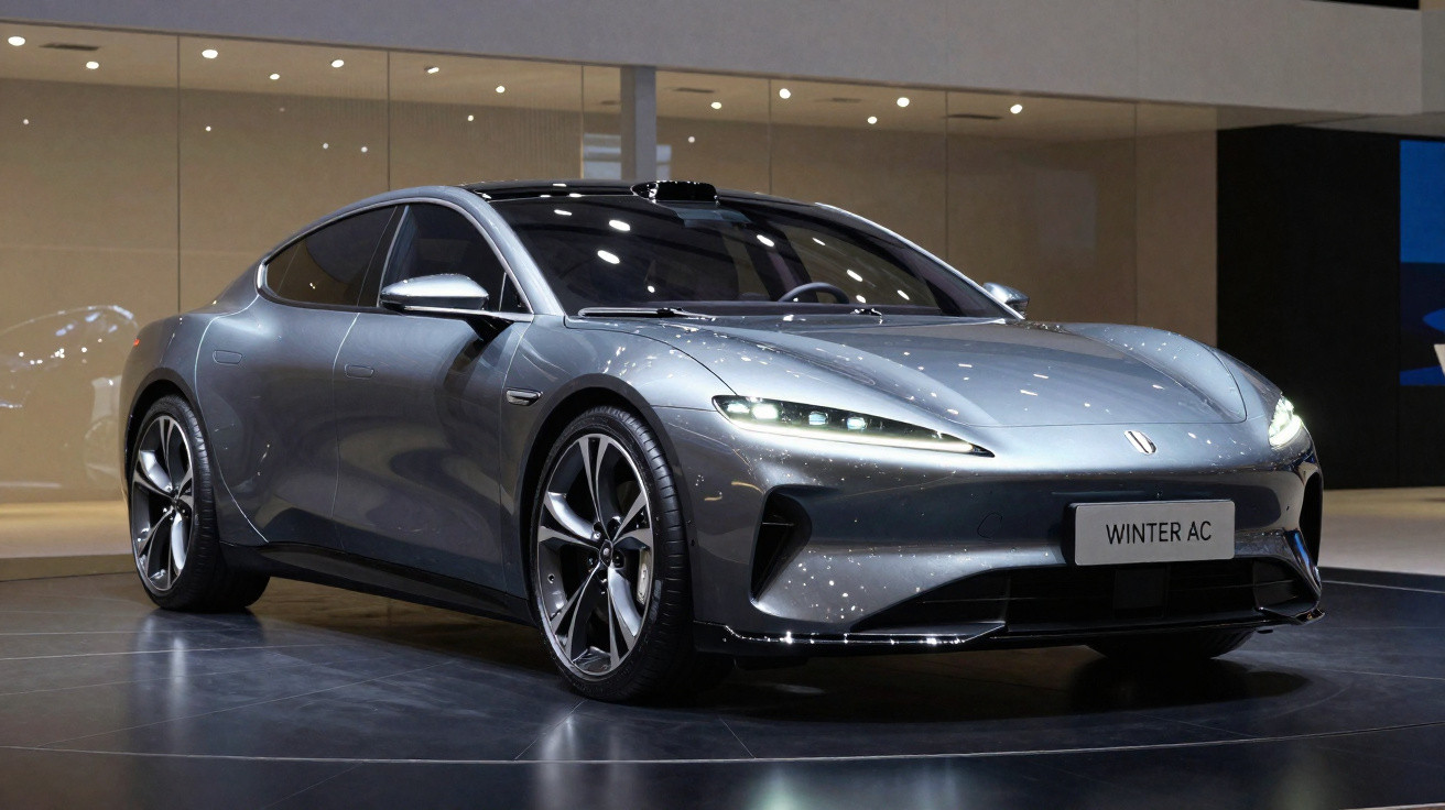 Carro esportivo elétrico cinza prateado com design moderno em exposição interna.