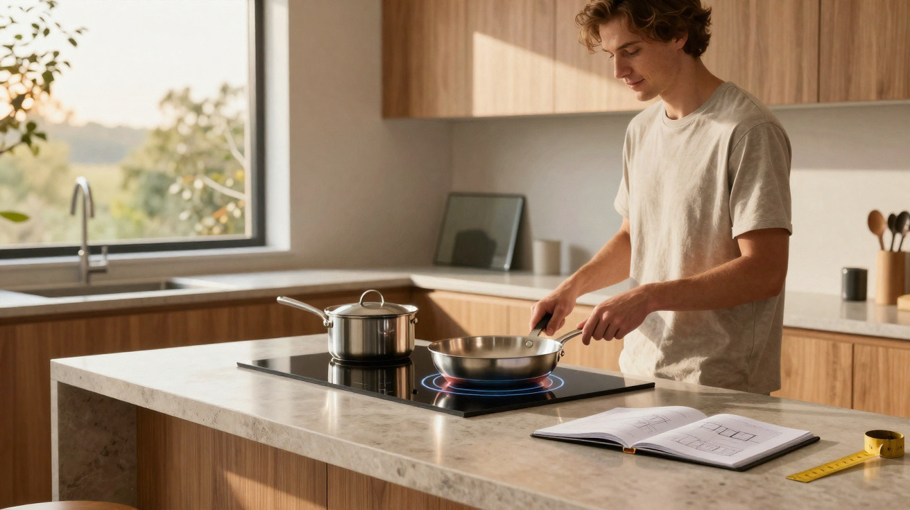 Jovem cozinhando em fogão elétrico na cozinha moderna com caderno aberto sobre bancada de mármore.